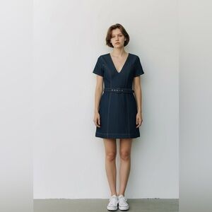 7 For All Mankind Dark Blue V-Neck Mini Dress